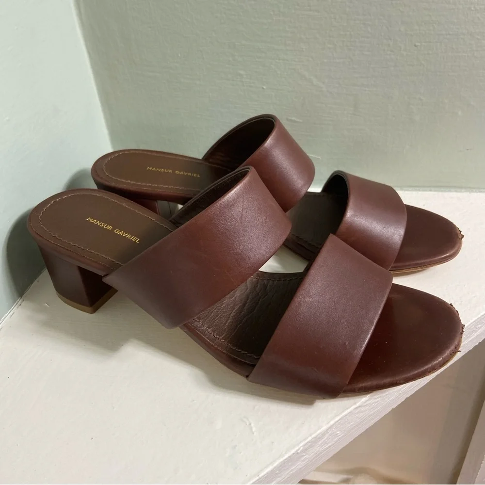 Mansur Gavriel Brown Leather Block Chunky Heeled Mules Sandals Heels Size 36/6